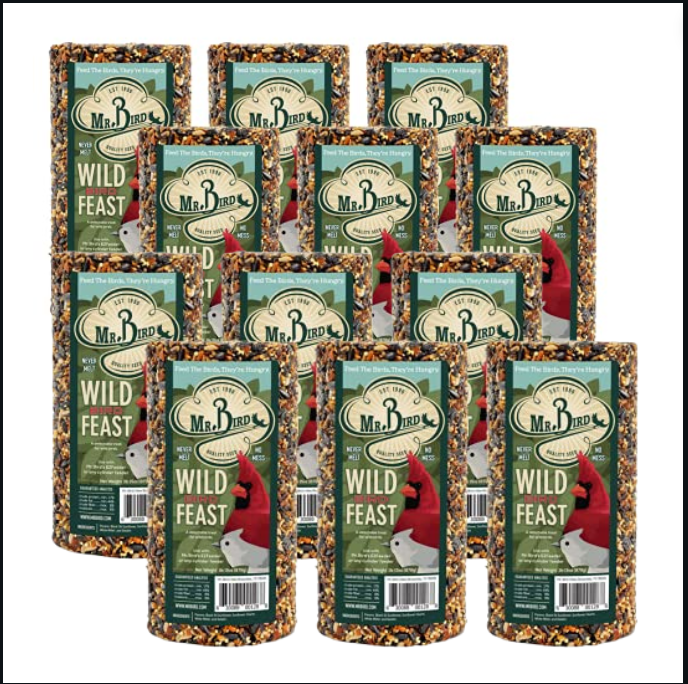 Mr. Bird Wild Bird Feast Birdseed Cylinder packs displaying 28 oz. seed formula for wild birds.