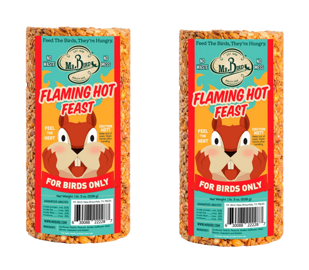 Mr. Bird's Flaming Hot Feast bird food, featuring a cartoon squirrel, vibrant red and orange packaging, and text highlighting no waste and no mess.