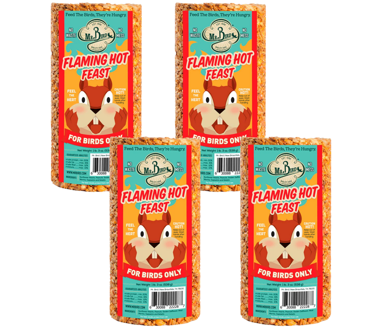 Mr Bird Flaming Hot Feast bird feed packaging shows four cylindrical packages featuring a cartoon squirrel, red and yellow sunflower seeds, and a caution label
