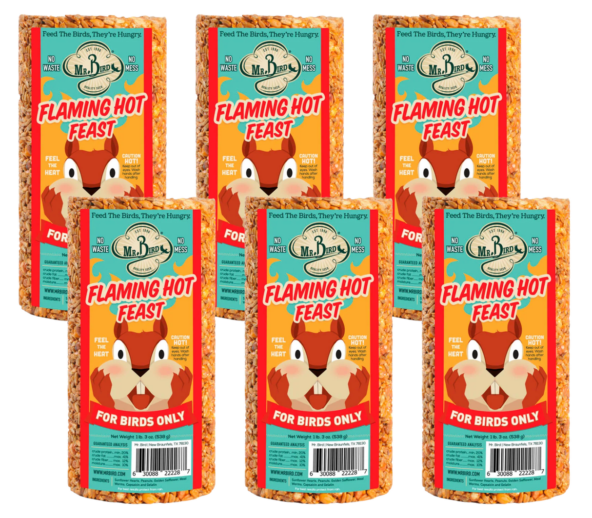 Mr Bird Quality Seeds Flaming Hot Feast bird food six-pack featuring a cartoon squirrel sunflower seeds peanuts and golden safflower