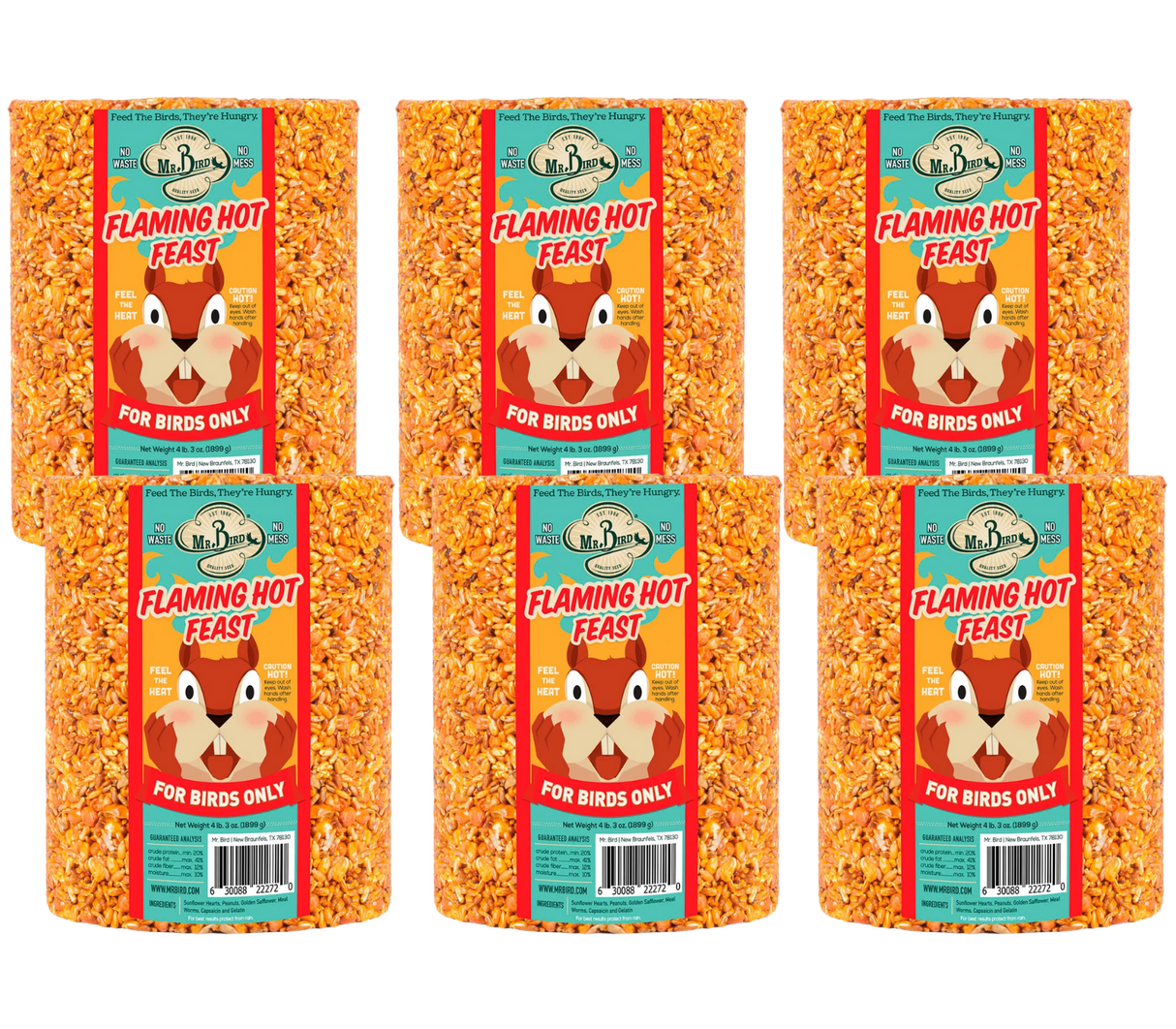 Mr Bird's six Flaming Hot Feast birdseed cylinders featuring a cartoon squirrel,  bright orange seeds, and a cautionary "Caution Hot" label New Braunfels Texas
