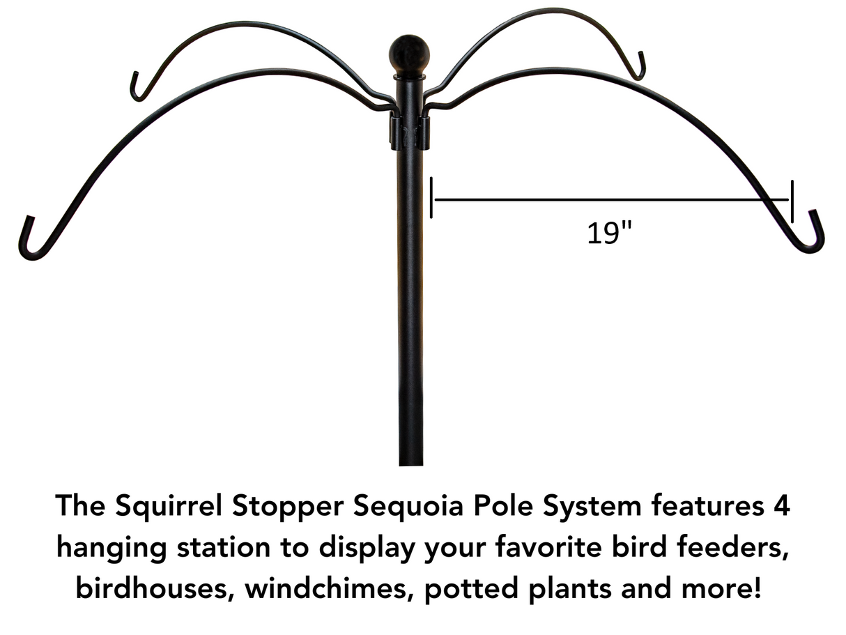 Diagram showing the Squirrel Stopper Sequoia Pole System a black metal 19 inch tall bird feeder and windchime hanger with four curved arms and a ball finial