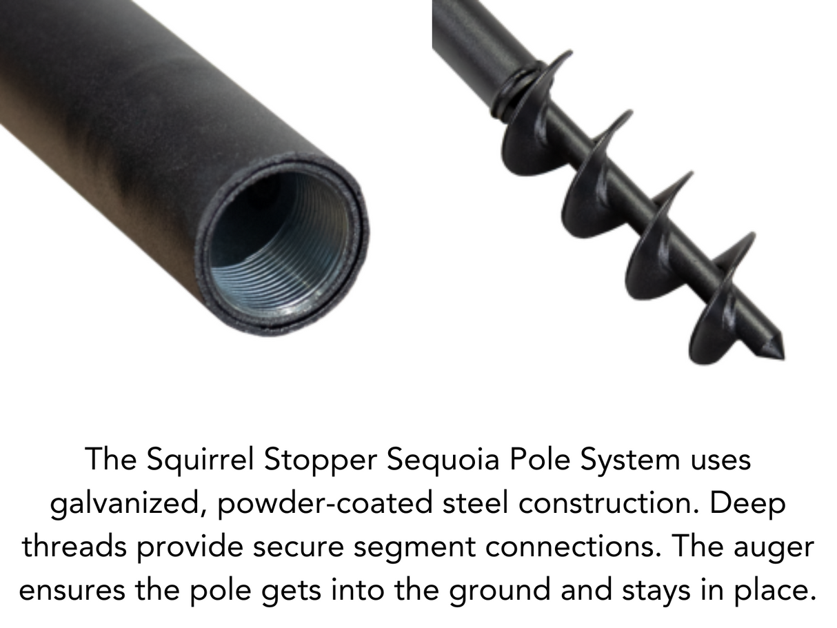 Product shot showing a black galvanized powder-coated steel Sequoia pole system with deep threads and an auger bit for secure ground installation