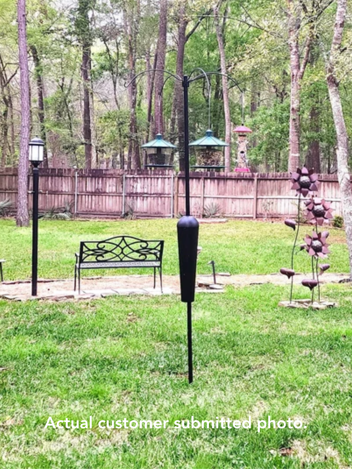 Customer photo showing backyard bird feeders a black metal bench and whimsical metal sunflowers near a wooden fence and lush green trees
