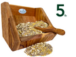 JQs Wildlife wooden bird feeder filled with five pounds of birdseed containing sunflower seeds peanuts and millet in a rustic wooden scoop and tray.