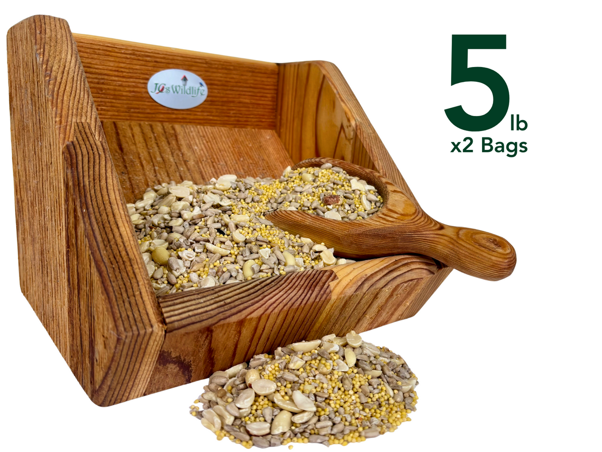 JQs Wildlife wooden bird feeder filled with a mix of sunflower seeds millet and peanuts showcasing a rustic design and two wooden scoops