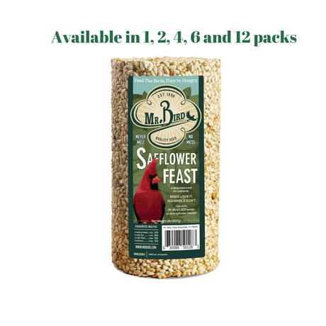 Mr. Bird Safflower Feast 32 oz. seed cylinder, available in 1, 2, 4, 6, and 12 packs for backyard birds.