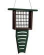 Plastic and recycled wood bird feeder with a dark brown main body, a green top and perch, and a wire mesh seed compartment hanging against a white background