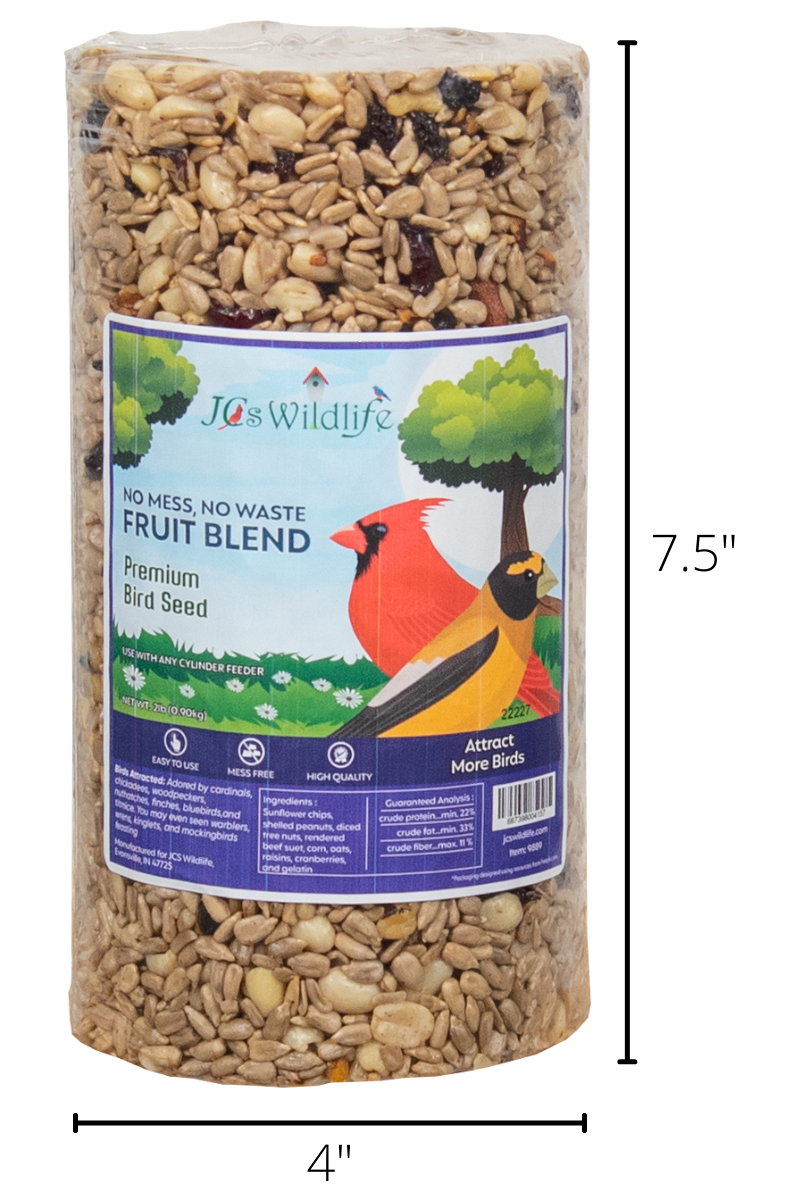 JCS Wildlife No Mess, No Waste Fruit Blend Premium Bird Seed Cylinder, 2 lb for backyard birds.