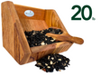 JGs Wildlife wooden bird feeder filled with black oil sunflower seeds white striped seeds and peanuts in a rustic brown scoop