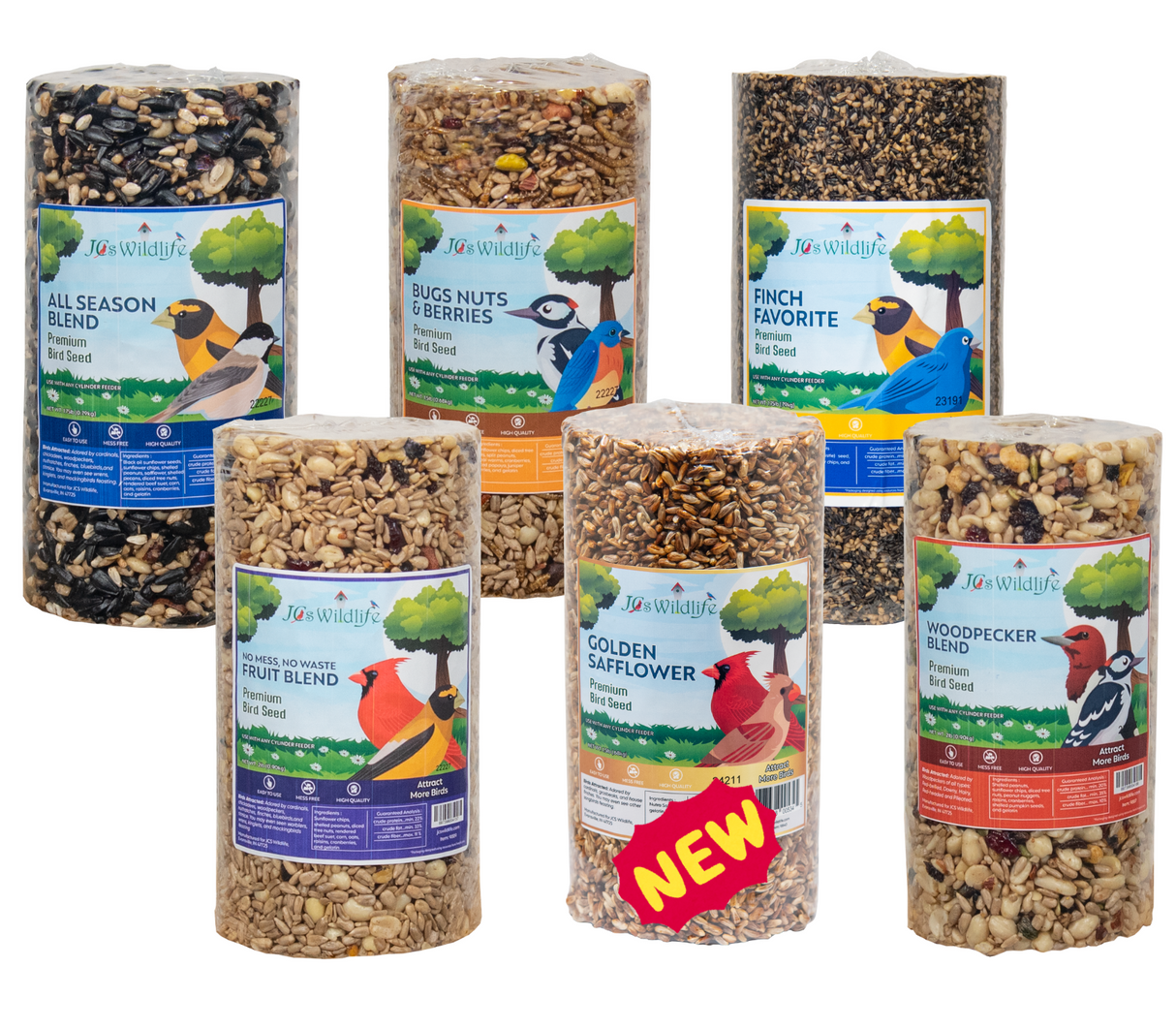 JCS Wildlife Premium Bird Seed Cylinder Variety Pack featuring six flavors for birds: All Season, Bugs Nuts & Berries, Woodpecker Blend, and more.