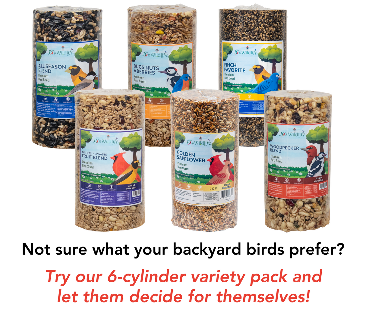 JCS Wildlife Premium Bird Seed Cylinder Variety Pack featuring six delicious flavors for backyard birds.
