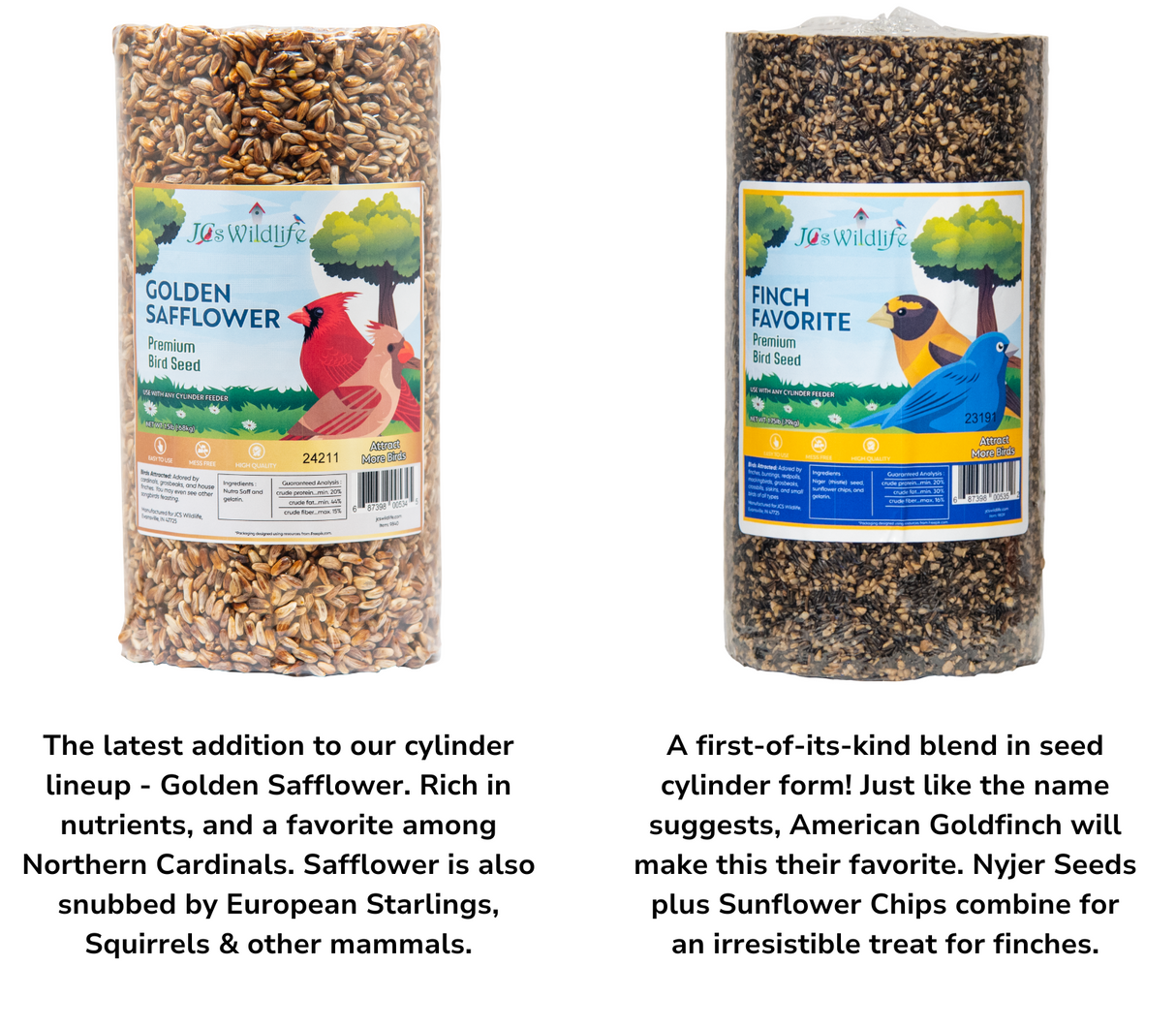 JCS Wildlife Premium Bird Seed Cylinder Variety Pack featuring Golden Safflower and Finch Favorite blends for backyard birds.