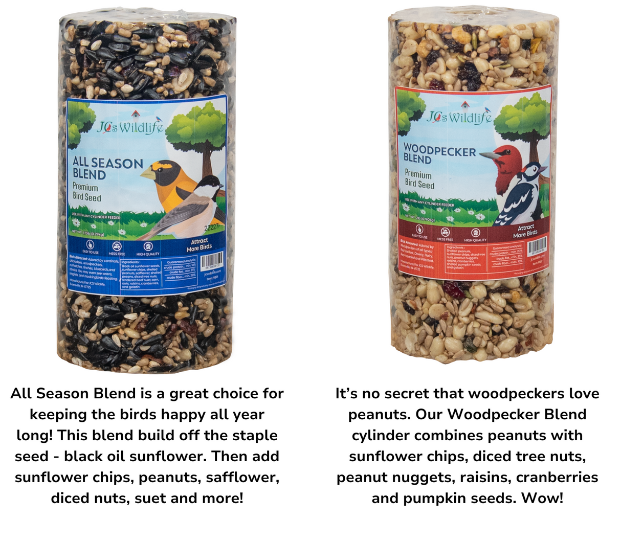 JCS Wildlife Premium Bird Seed Cylinder Variety Pack featuring All Season Blend and Woodpecker Blend for happy birds.