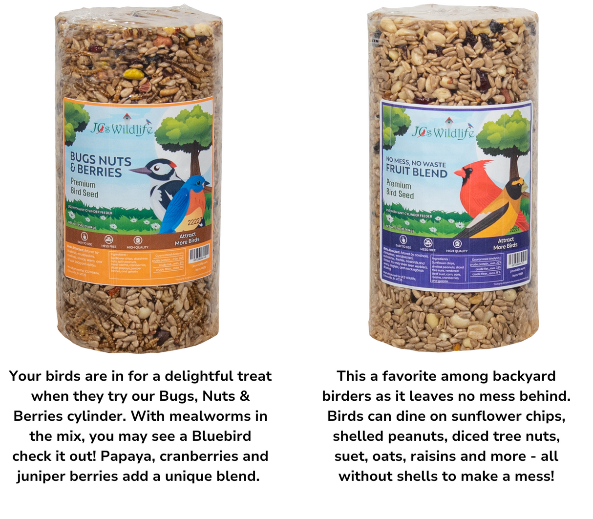 JCS Wildlife Premium Bird Seed Cylinder Variety Pack featuring Bugs, Nuts & Berries and No Mess Fruit Blend.
