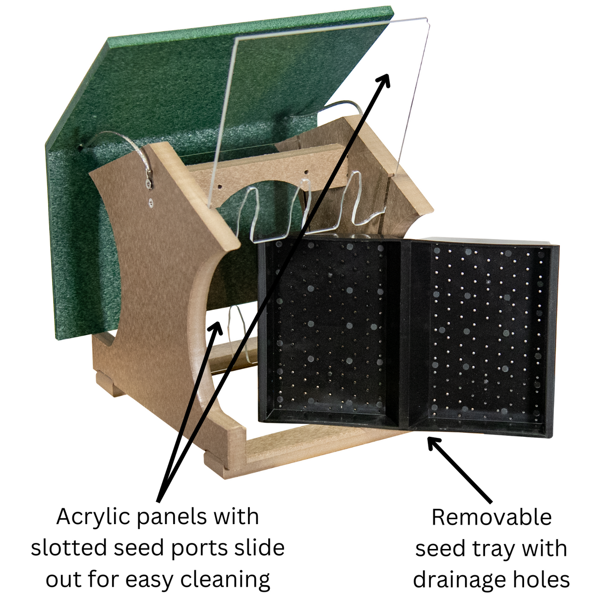 JCS Wildlife Small Hopper Bird Feeder featuring removable seed tray and acrylic panels for easy cleaning.