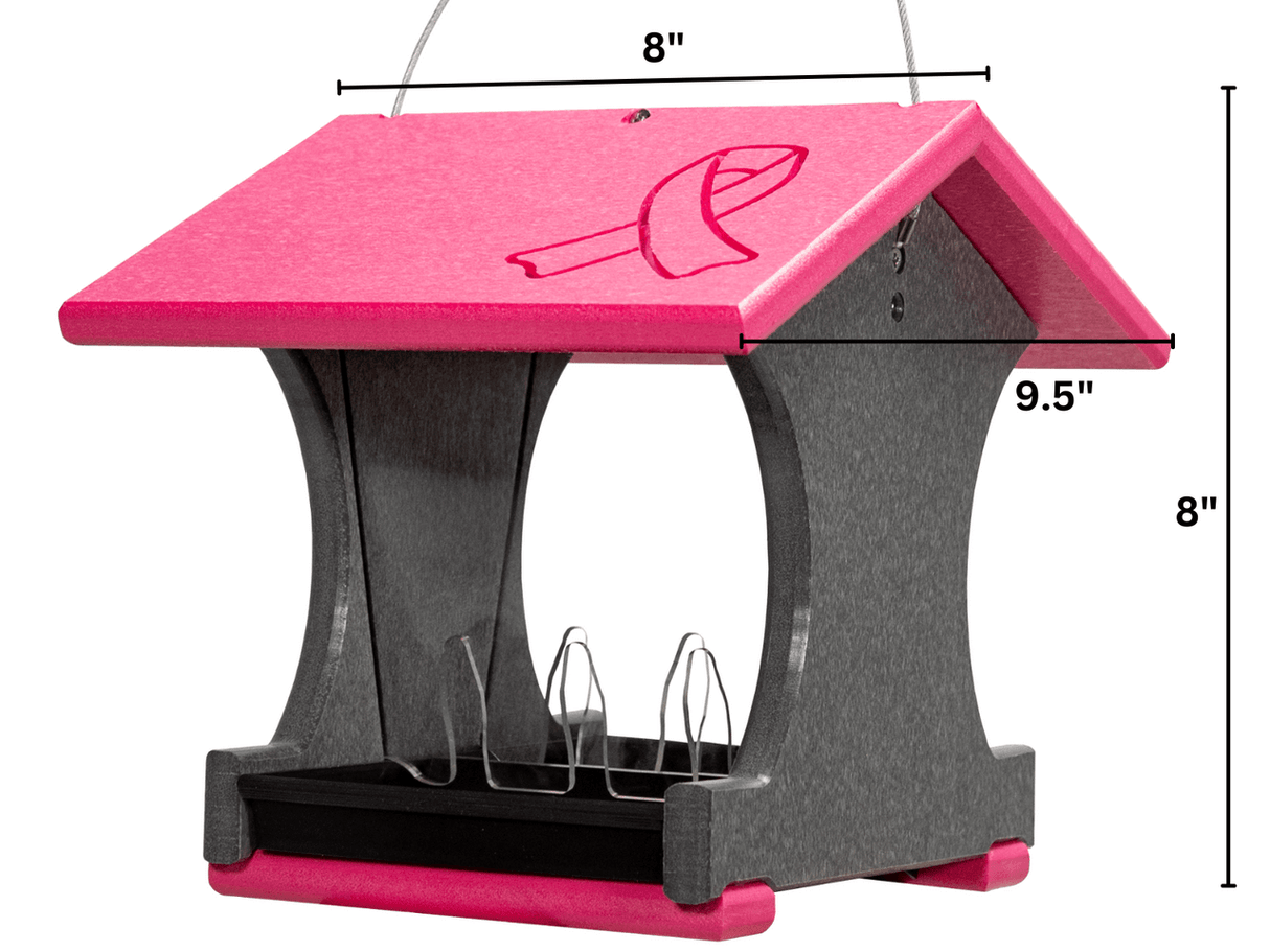 Annie's Breast Cancer Collection bird feeder with pink roof and breast cancer awareness ribbon, dimensions 8"x9.5"x8".