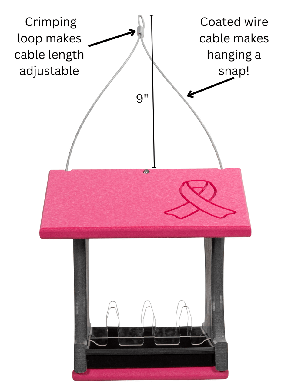 Annie's Breast Cancer Collection pink bird feeder featuring adjustable wire and breast cancer ribbon design.