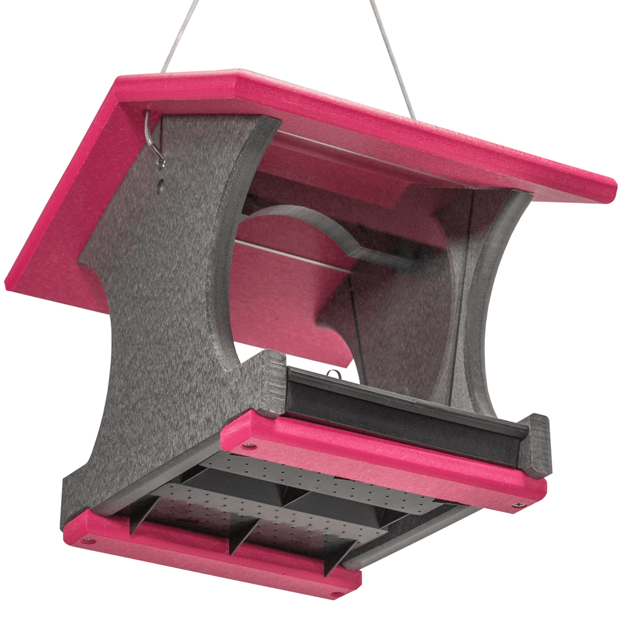 Bright pink and gray bird feeder with hanging design for outdoor use, perfect for attracting birds.