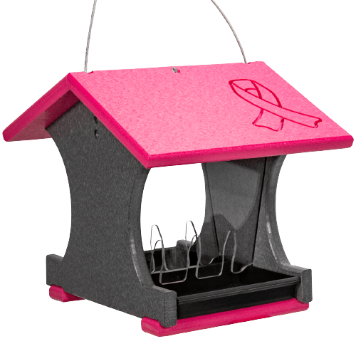 Annie's Breast Cancer Collection pink and gray bird feeder with ribbon design, supporting breast cancer awareness.