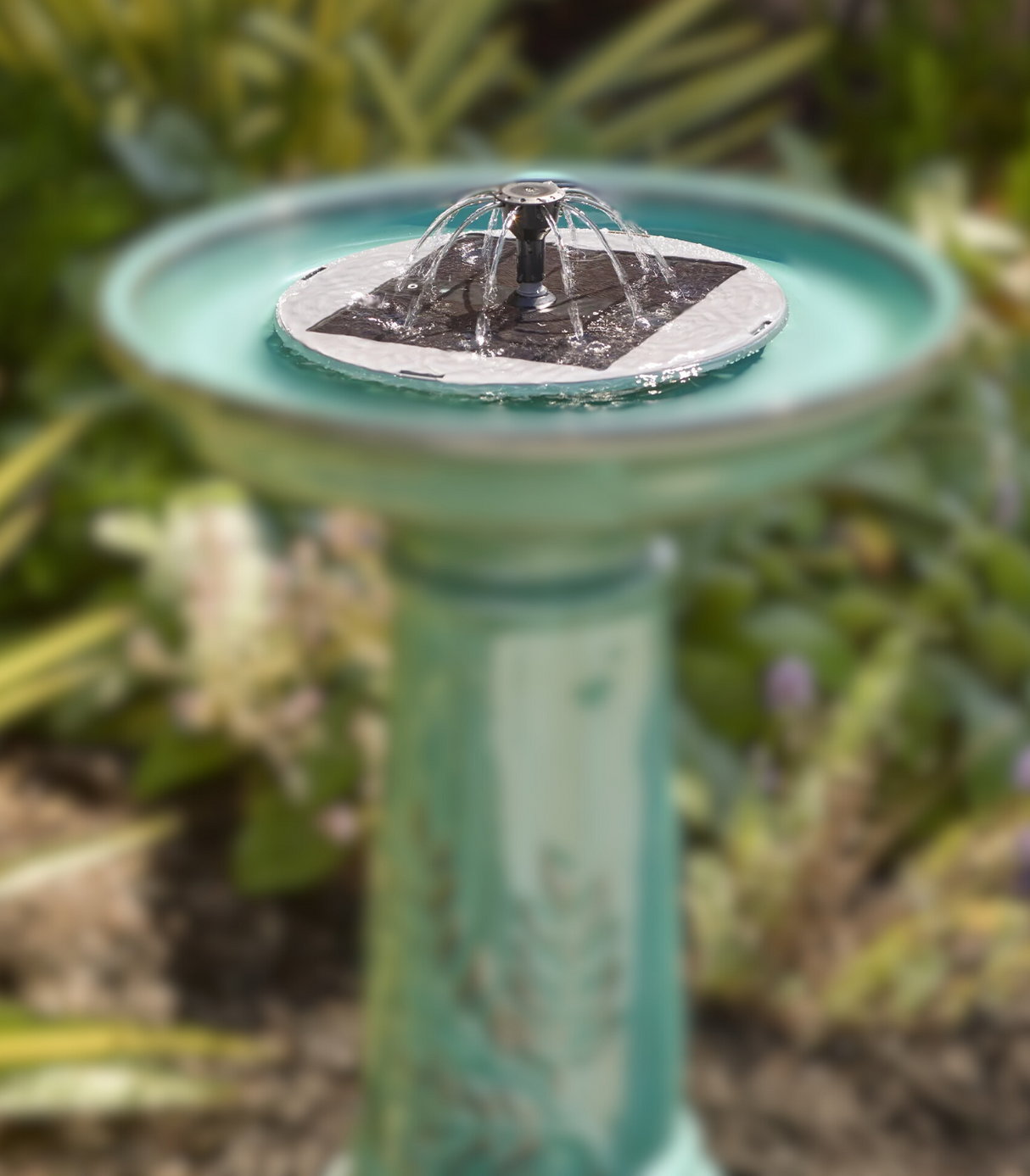Photograph of a teal solar powered birdbath fountain with a dark gray solar panel in a garden setting featuring lush green plants and purple flowers
