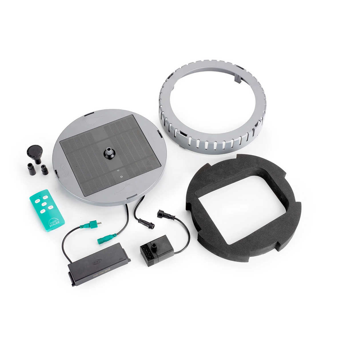 Product shot showing a solar powered IntelliSolar fountain pump kit with gray components a teal remote and black pump a circular base and a foam insert