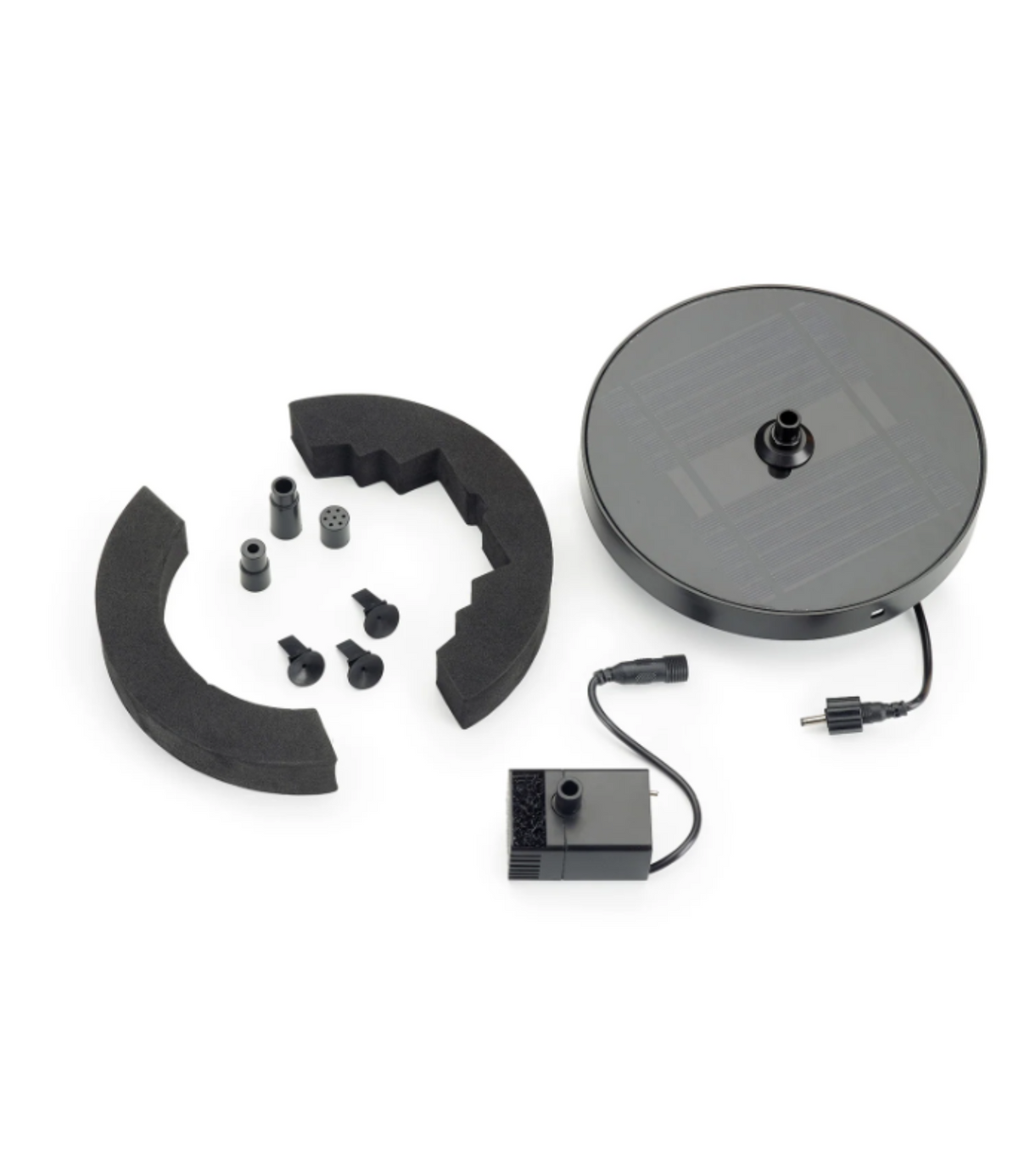 Product shot showing a solar powered fountain kit with a round black solar panel, a small black pump, and various black attachments including suction cups and nozzles on a white background
