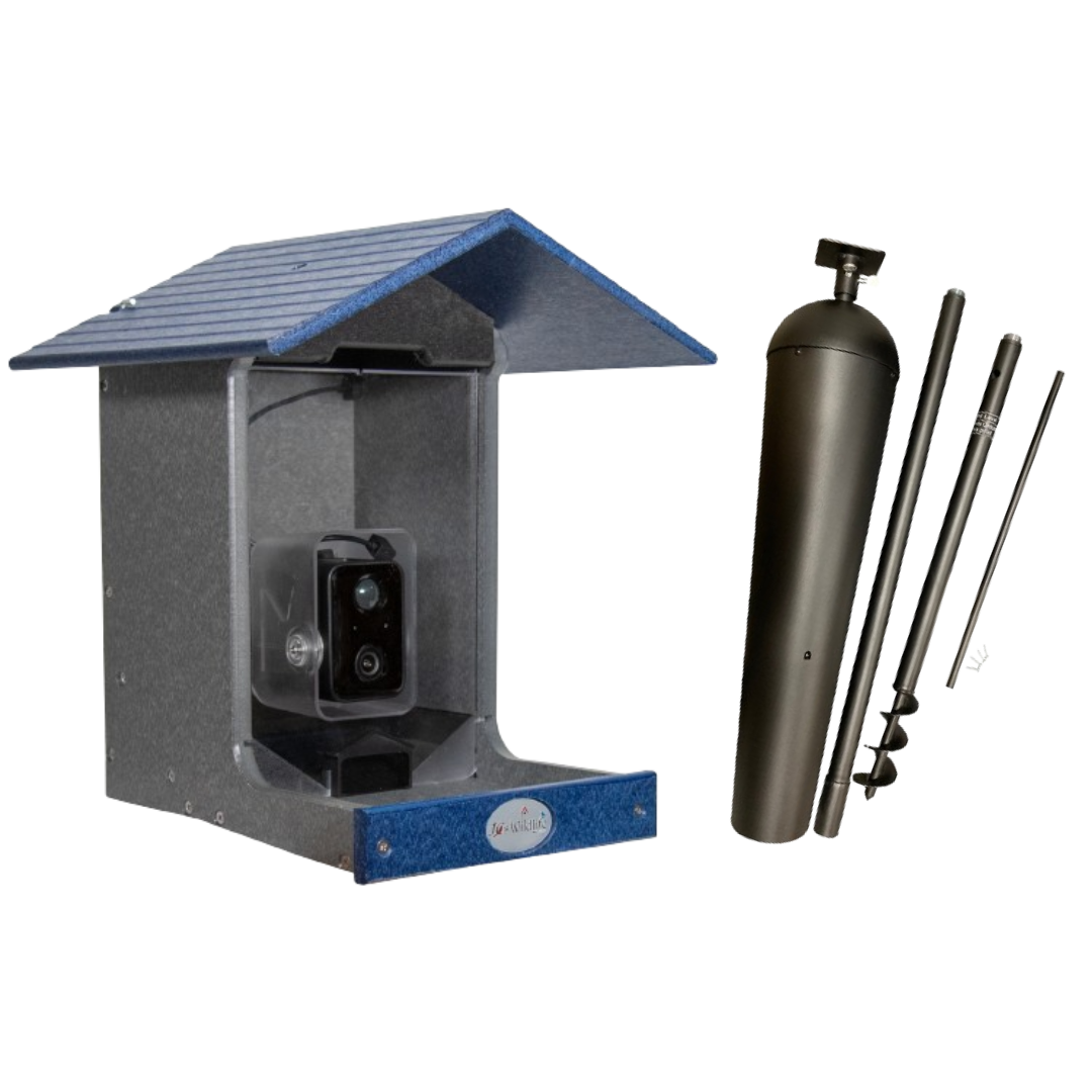 JCS Wildlife E-Z Fill Smart Bird Feeder with WiFi Camera, solar panel and accessories for birdwatching.