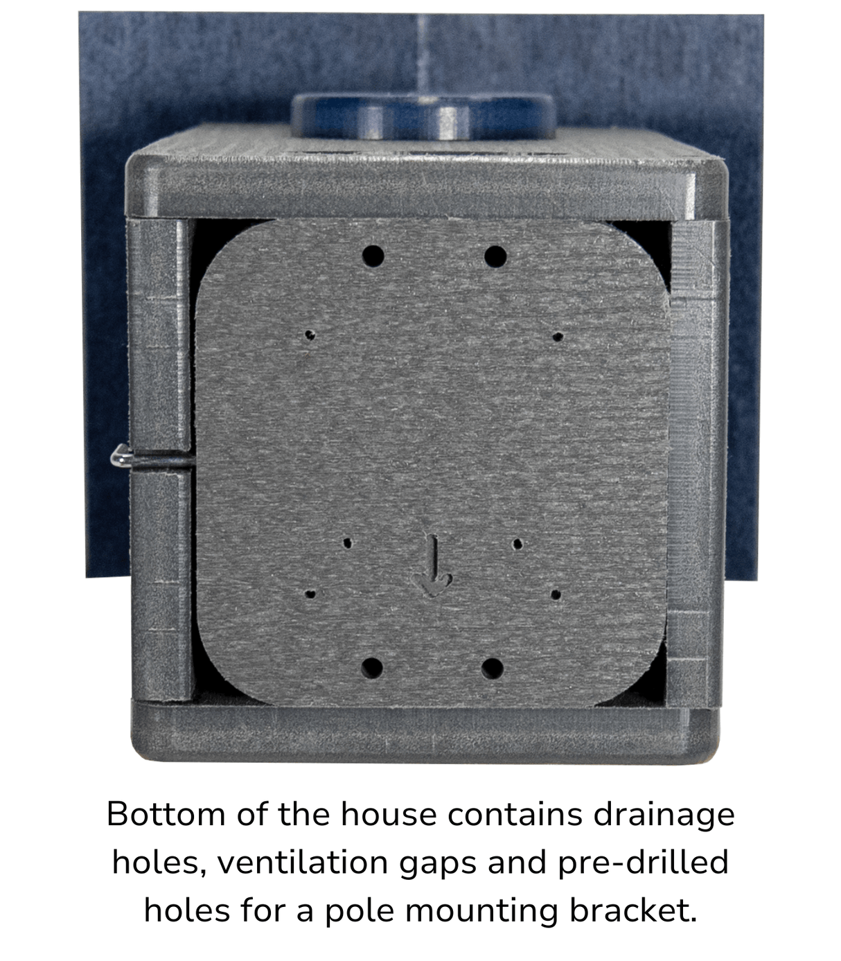 Close-up photo of a dark gray plastic birdhouse bottom showing drainage holes ventilation gaps and pre-drilled holes for mounting a pole with a small dark blue detail