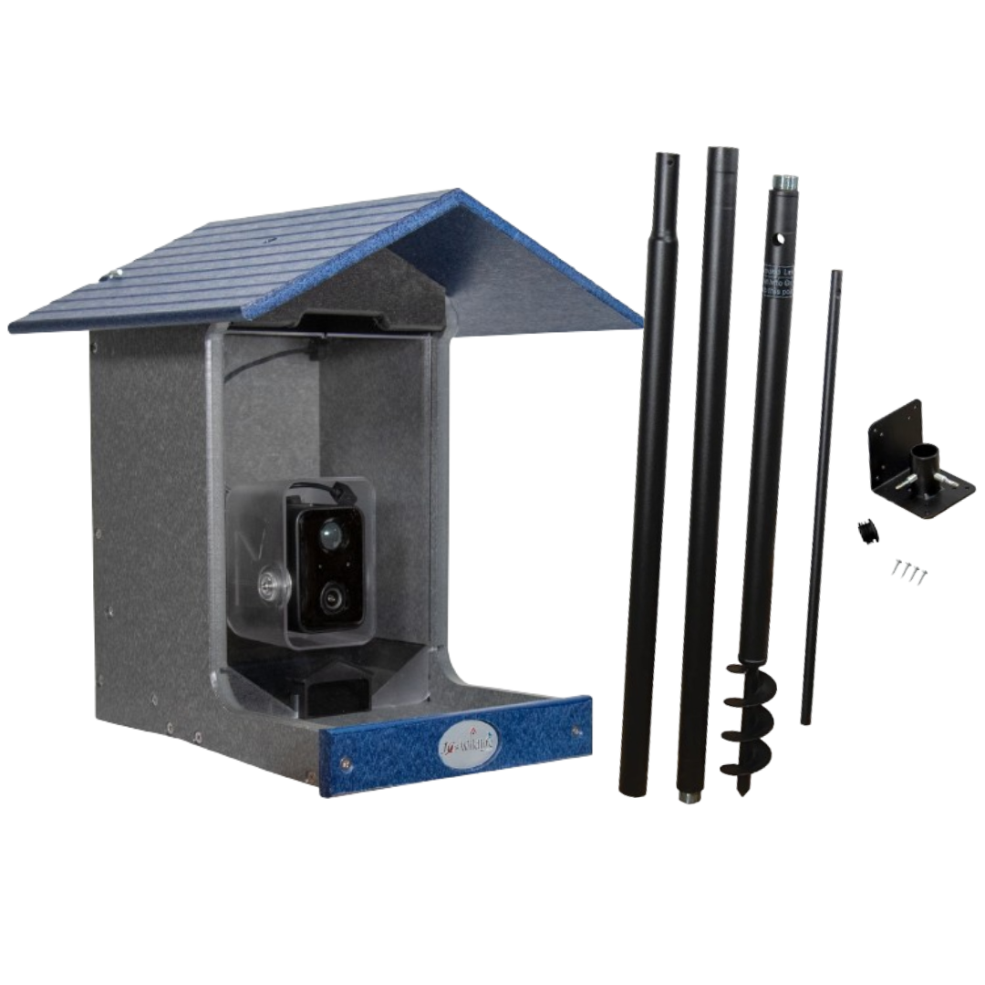 JCS Wildlife E-Z Fill Smart Bird Feeder with WiFi camera, solar panel, and mounting accessories.