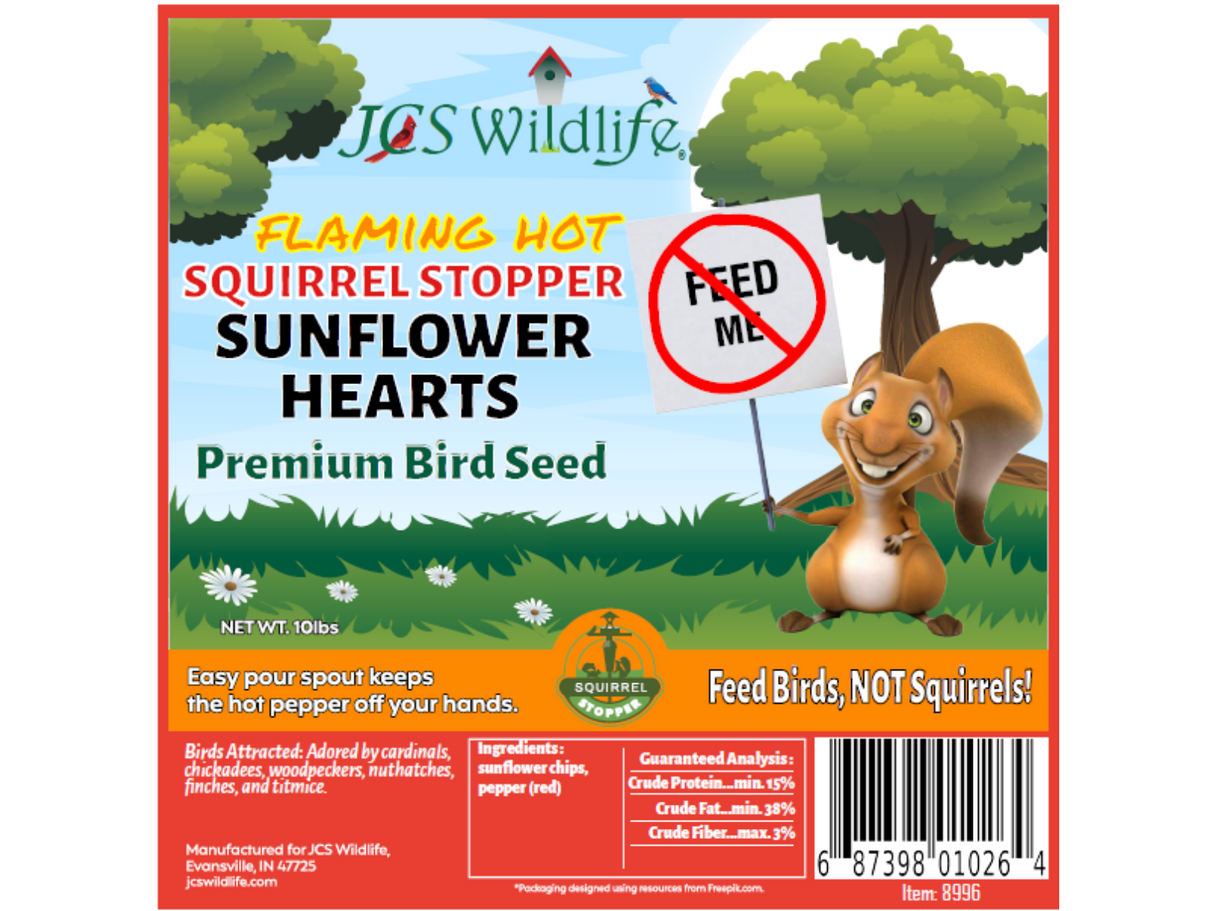 JCS Wildlife Squirrel Stopper Sunflower Hearts 10lbs Loose Seed Bag Product Label