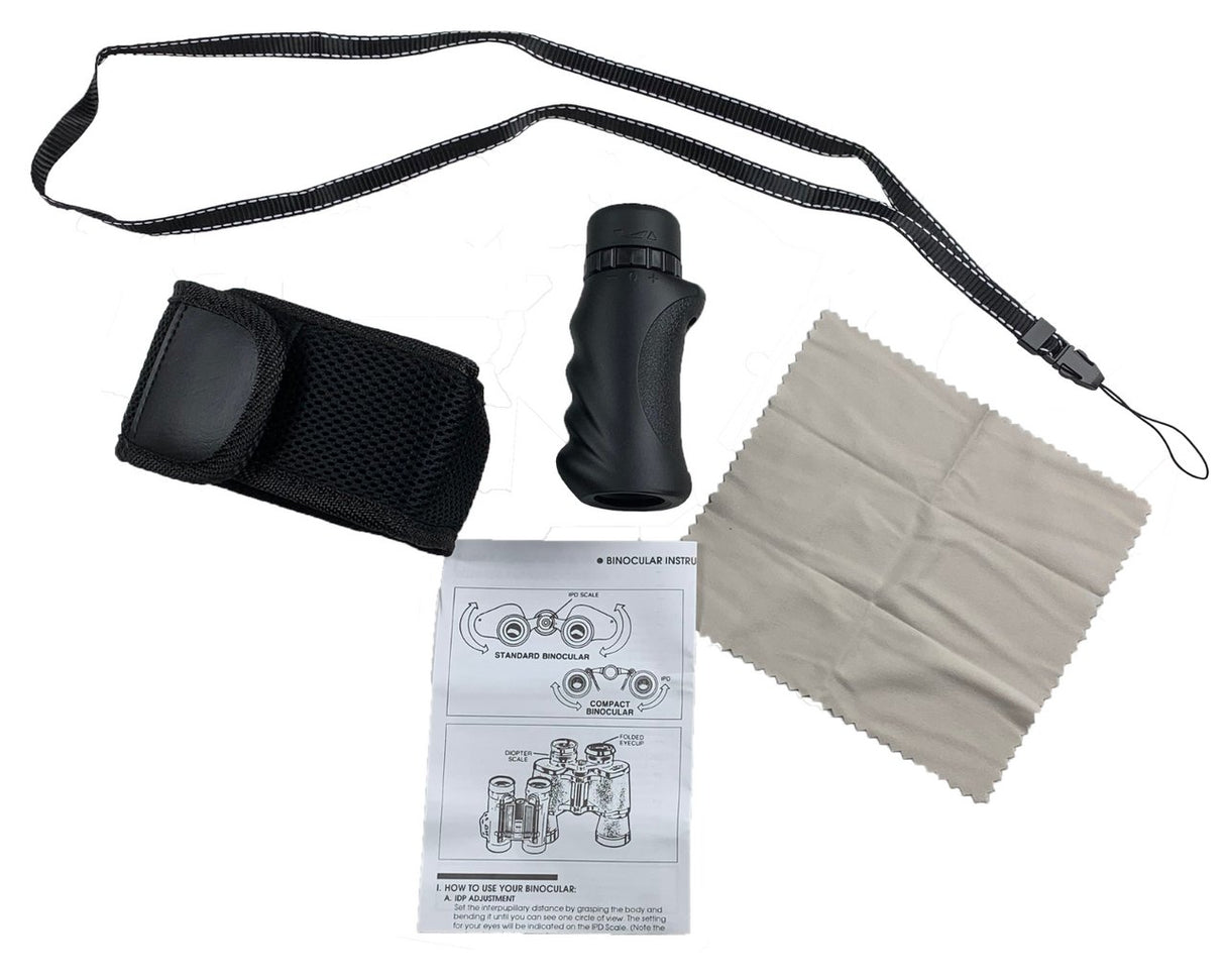 Strix Optics Birdwatching Monocular 1042 10x25 with accessories including strap, carry case, and cleaning cloth.