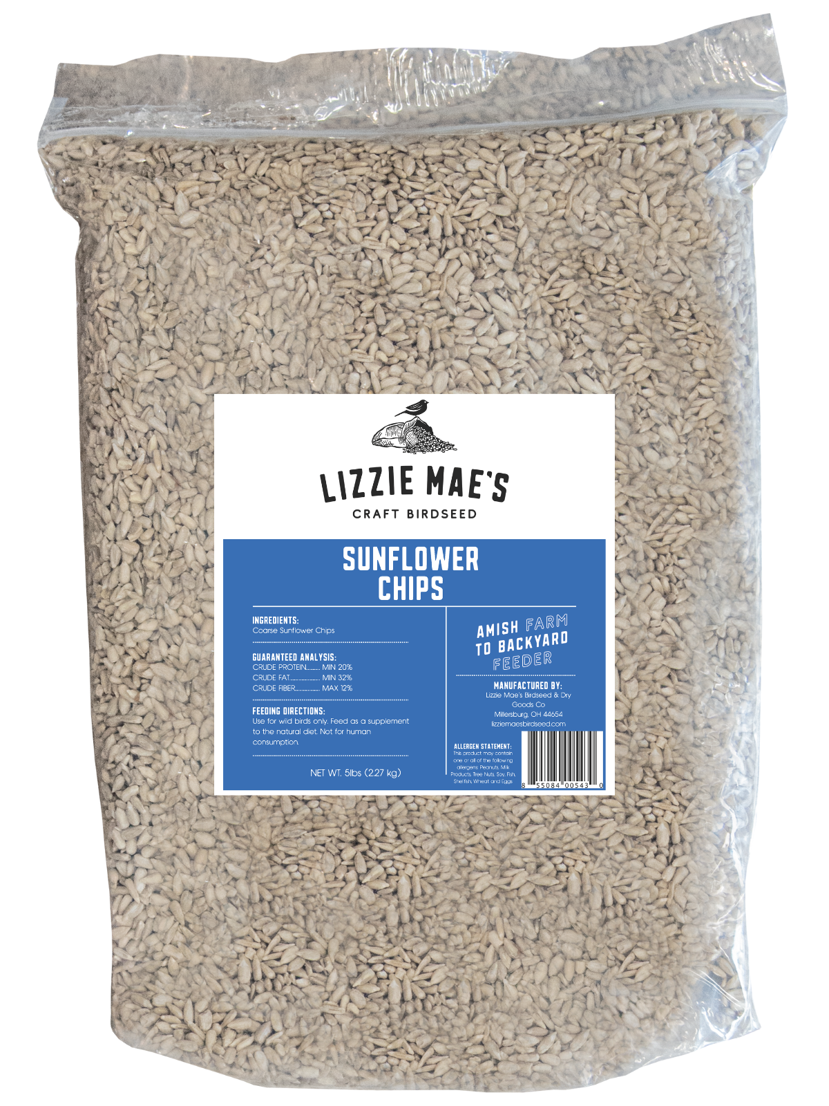 JCS Wildlife 5 Pound Sunflower Chips bird seed in a clear bag, ideal for attracting wild birds to your backyard feeder.