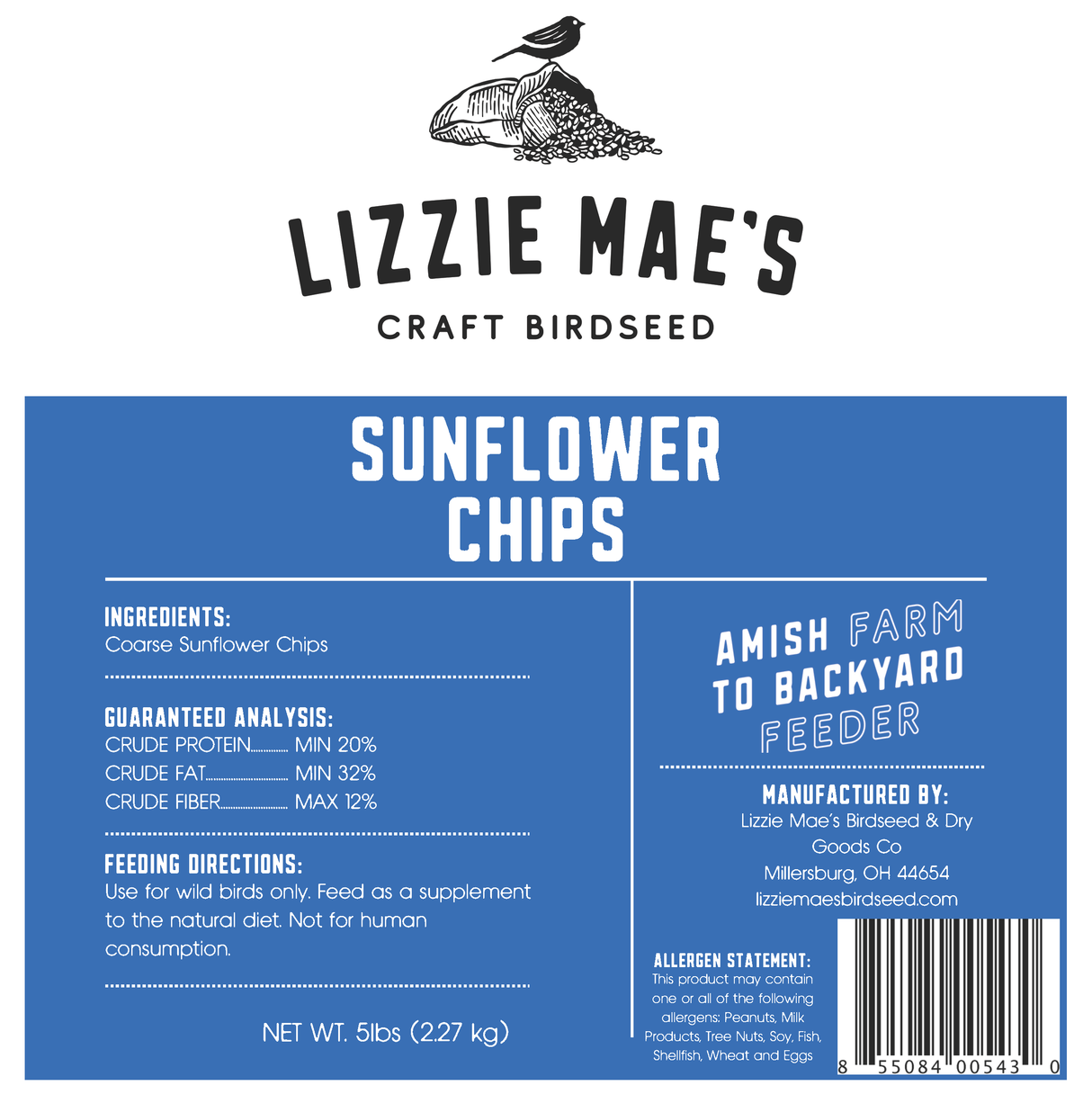Lizzie Mae's Craft Birdseed Sunflower Chips packaging with ingredients and feeding directions, ideal for backyard feeders.