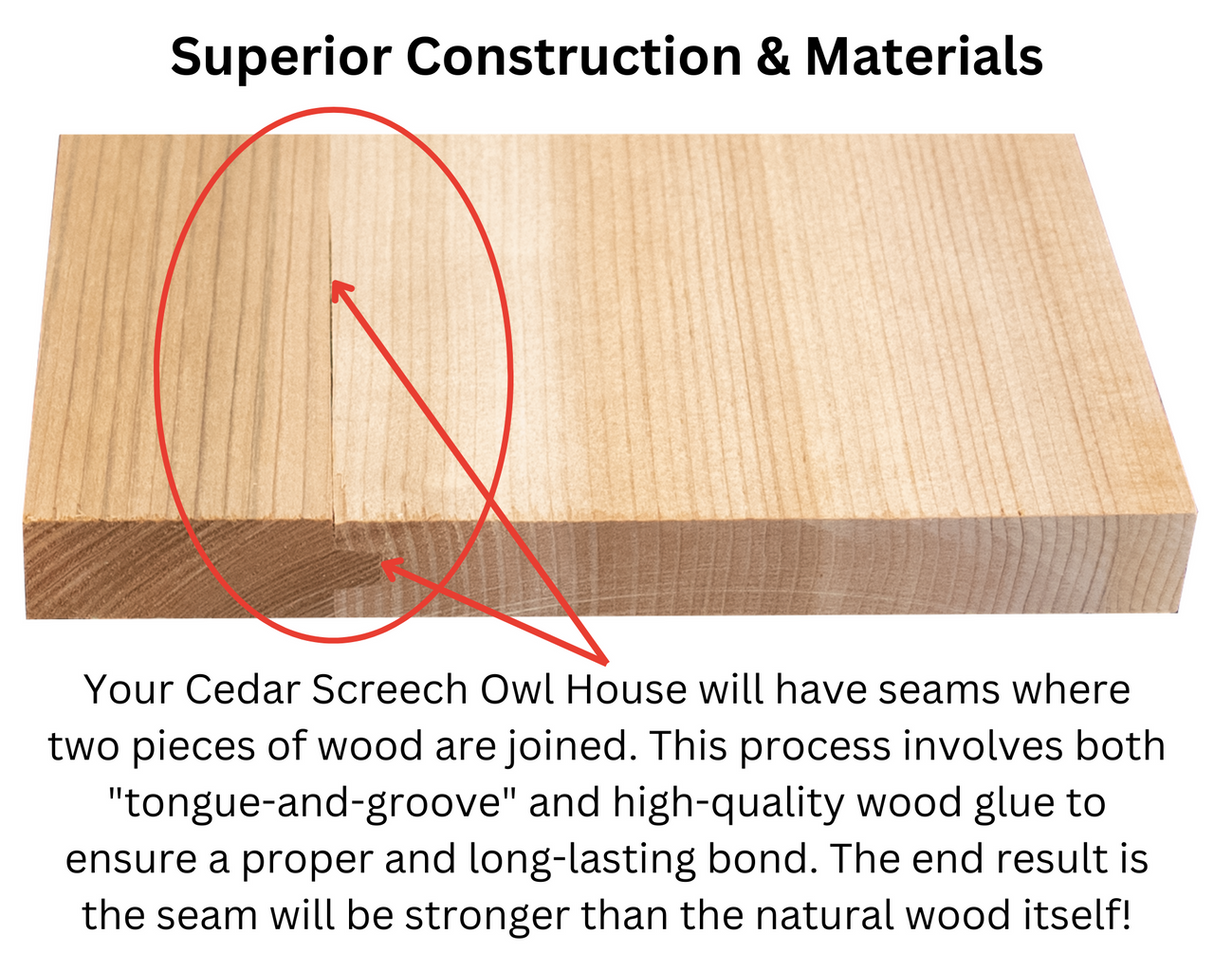 Close-up of superior construction showing tongue-and-groove wood joint for JCS Wildlife Cedar Screech Owl Nest Box.