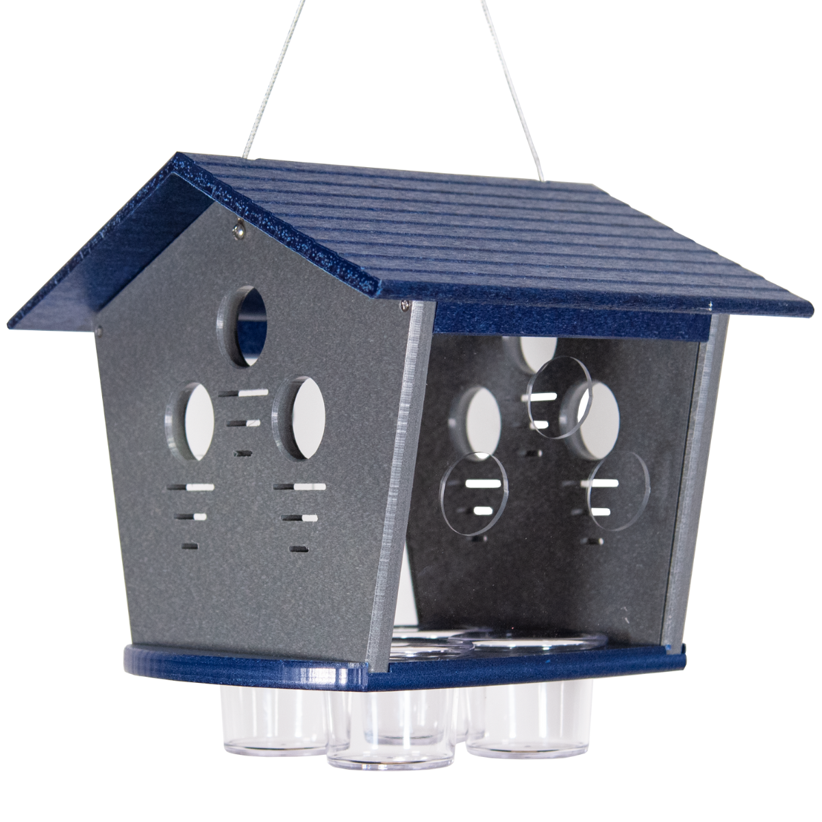 JCS Wildlife Ultimate Enclosed Bluebird Feeder with mealworm cups and multiple entrance holes for bluebirds.