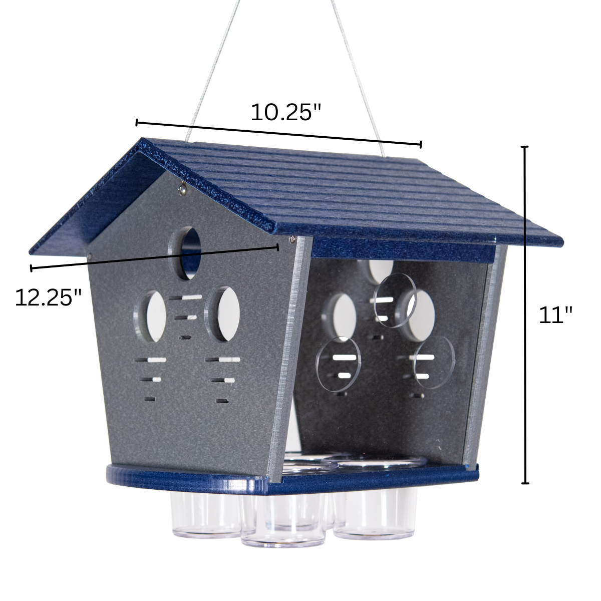 JCS Wildlife Ultimate Enclosed Bluebird Feeder dimensions, featuring 12 entrance holes and capacity for dried mealworms.