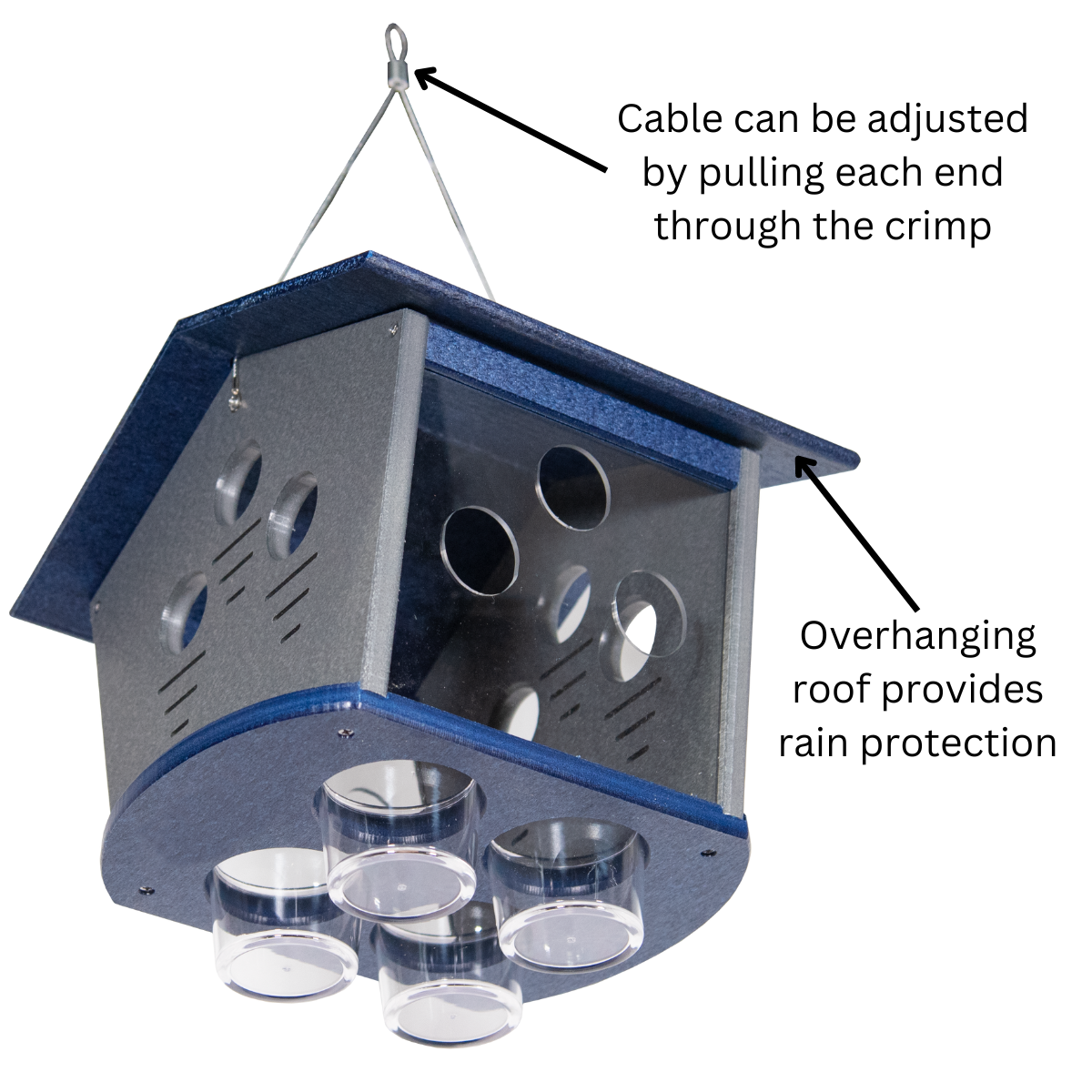 JCS Wildlife Ultimate Enclosed Bluebird Feeder with adjustable cable and rain protection design.