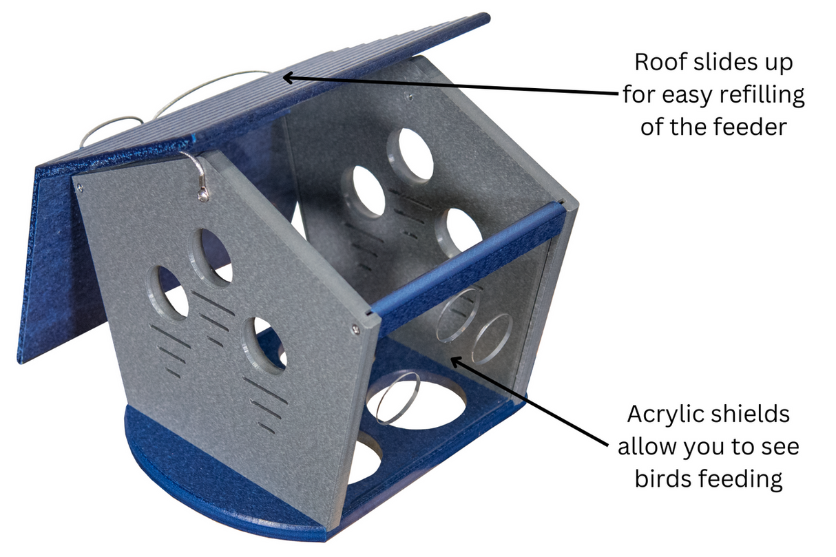 JCS Wildlife Ultimate Enclosed Bluebird Feeder showing sliding roof and acrylic shields for visibility while feeding.