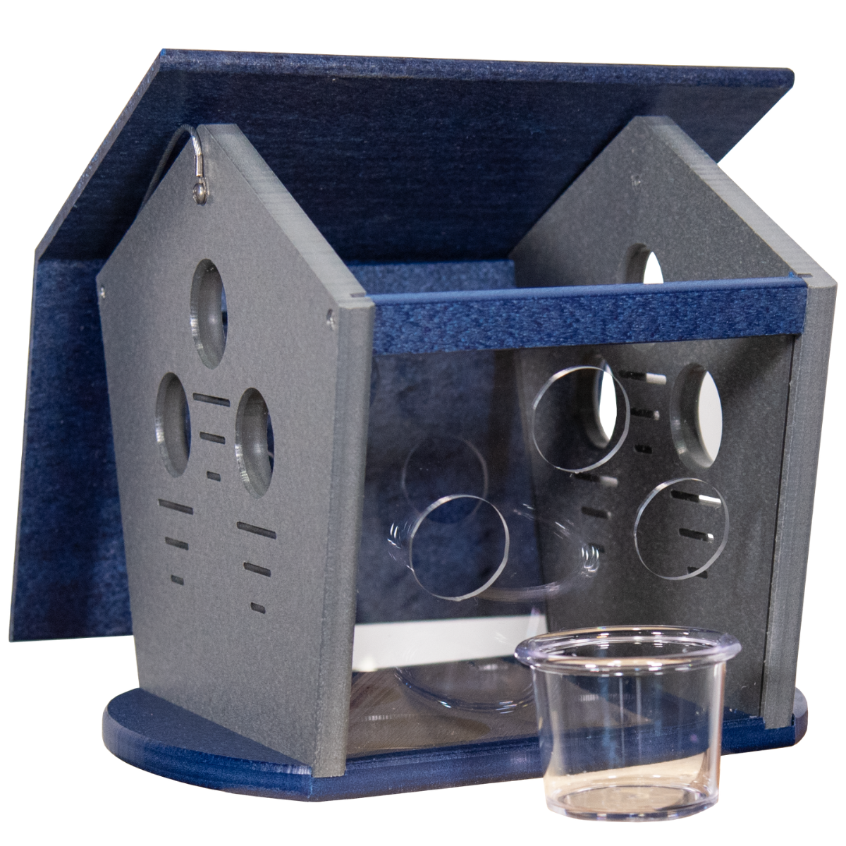 JCS Wildlife Ultimate Enclosed Bluebird Feeder with entrance holes and mealworm cups, designed to keep bully birds out.