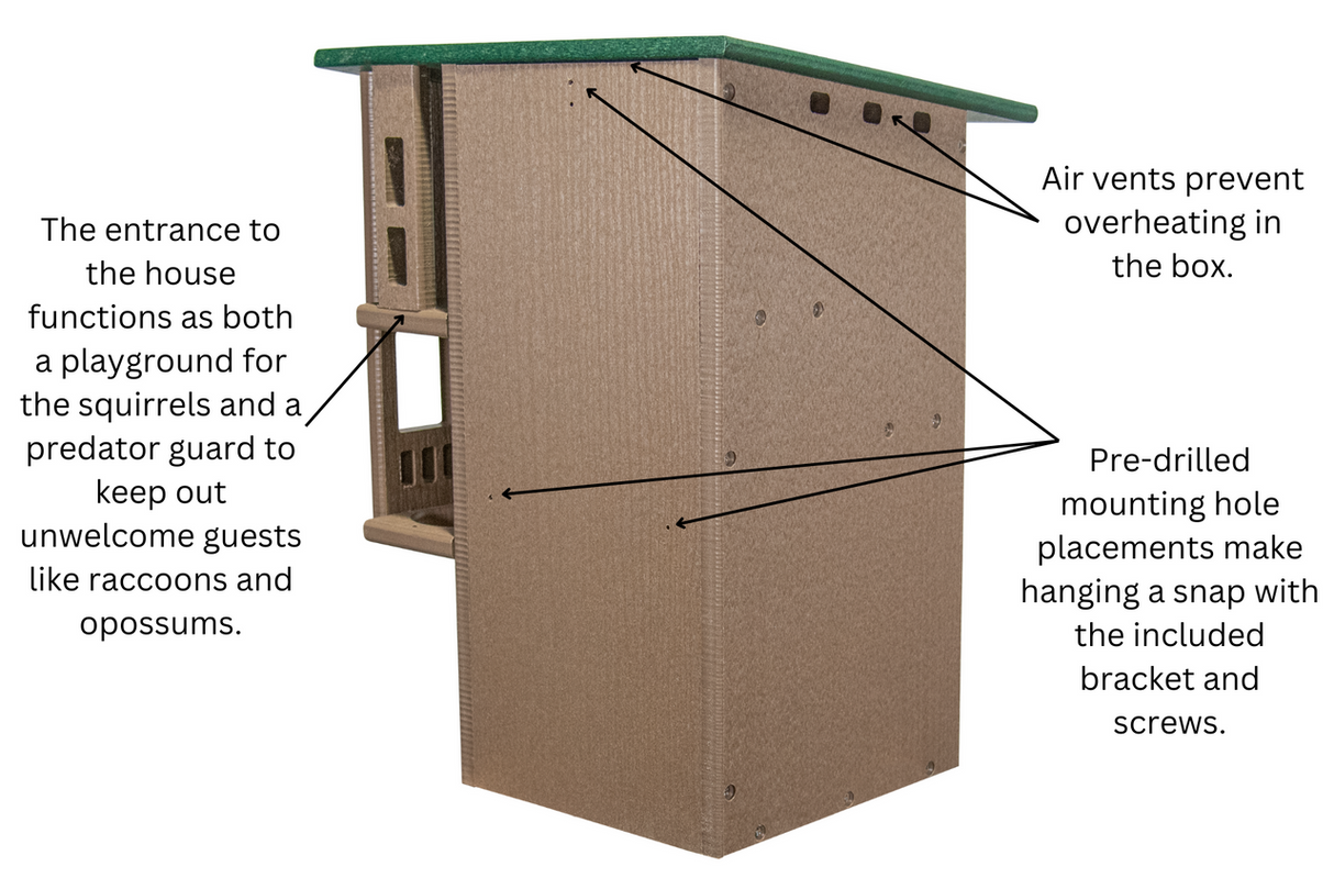 Diagram of a tan and green squirrel house with air vents, pre-drilled mounting holes, and a multi-level design for predator protection
