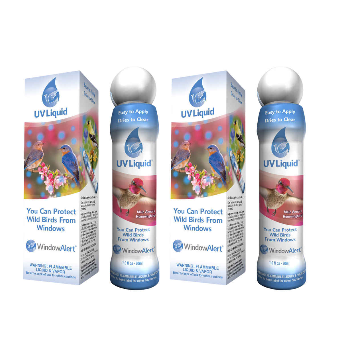 WindowAlert UV Liquid 1oz bottles with packaging to protect birds from window strikes.