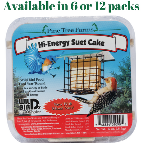 Pine Tree Farms product packaging illustration showing a bluebird and a red-bellied woodpecker at a suet feeder filled with a high-energy suet cake against a bright blue sky with mixed nuts added for extra appeal
