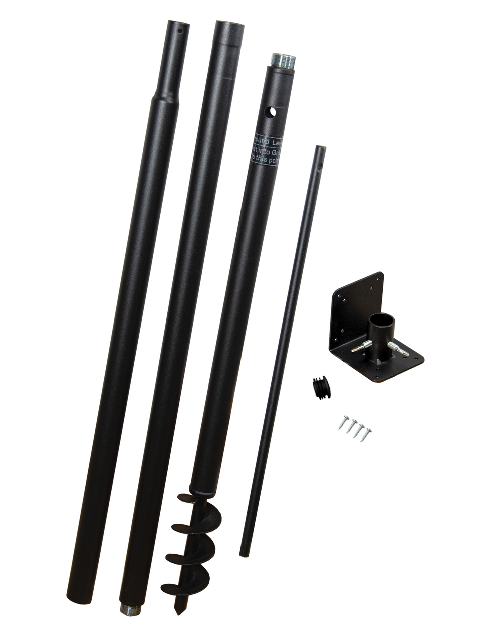 Product shot showing a black metal ground spike kit including three telescoping poles a ground auger a mounting bracket and screws.