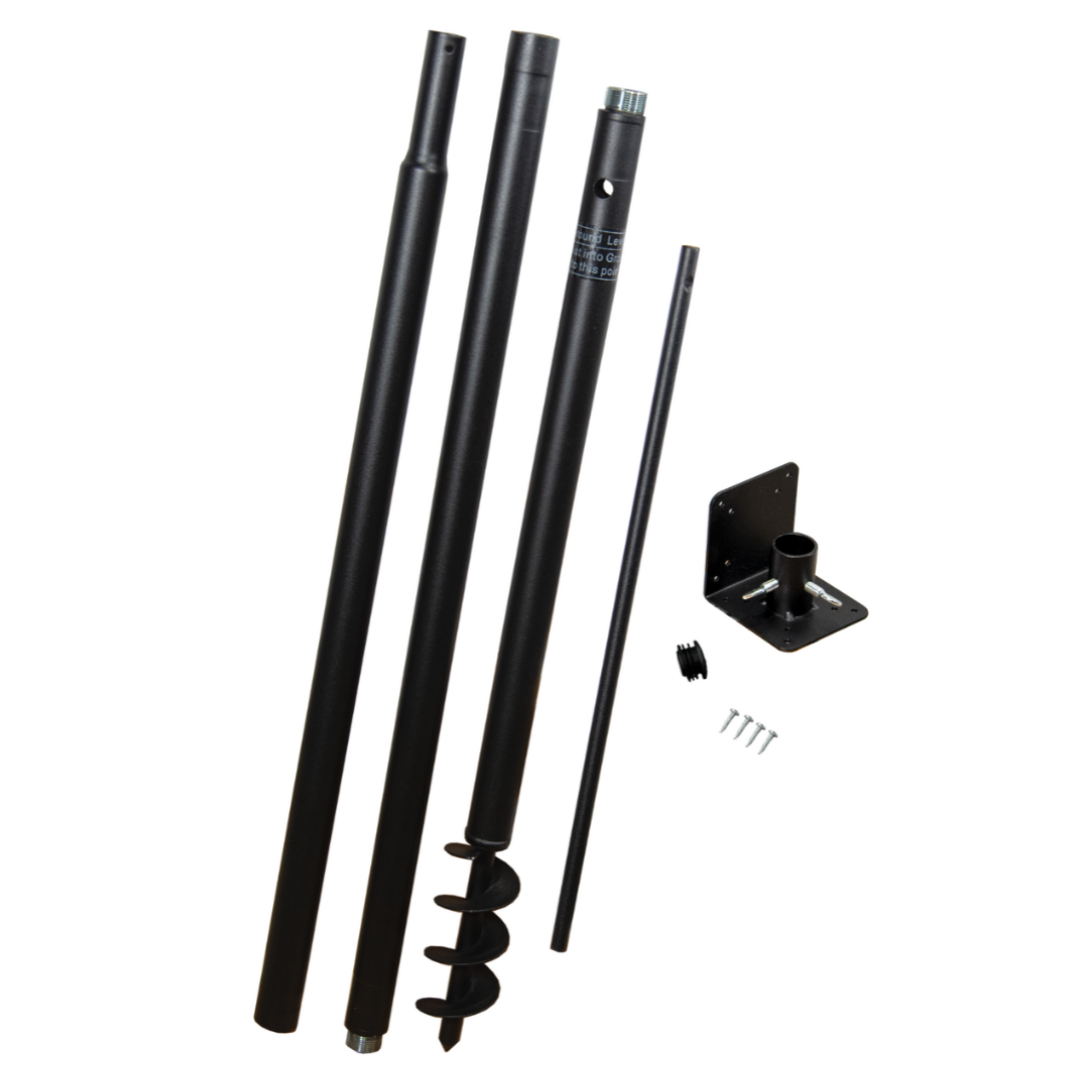 Universal Mounting Pole Kit components including heavy-duty poles and base for bird houses and feeders.