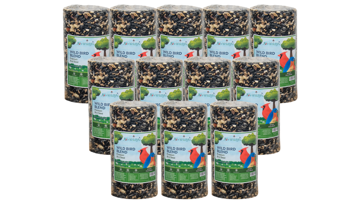 Jo's Wildlife twelve cylindrical packages of Wild Bird Blend premium bird seed featuring a cardinal and bluebird on the label with black oil sunflower seeds, peanuts, and cracked corn visible.