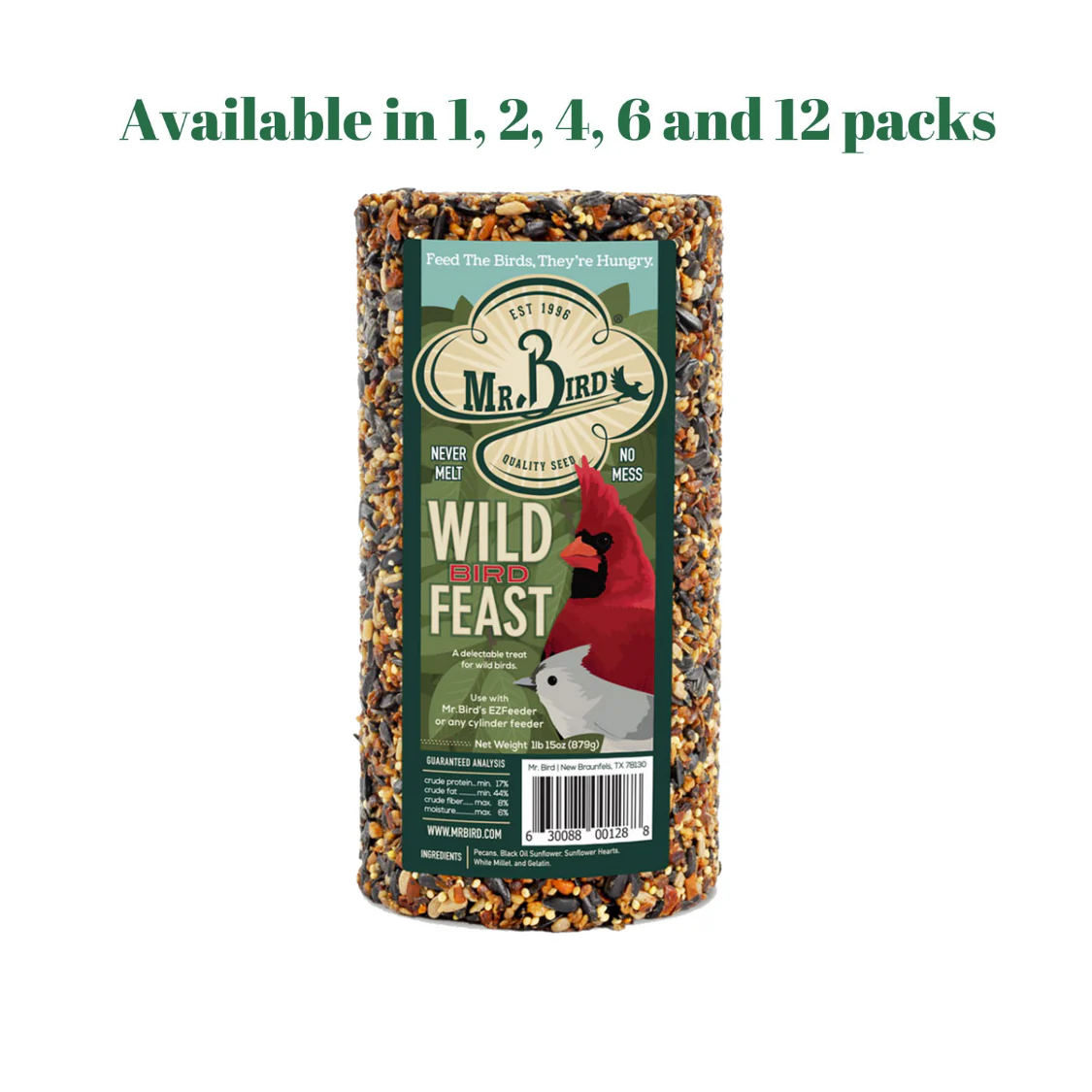 Mr. Bird Wild Bird Feast Birdseed Cylinder - 28 oz., available in 1, 2, 4, 6, and 12 packs, featuring premium seed mix.