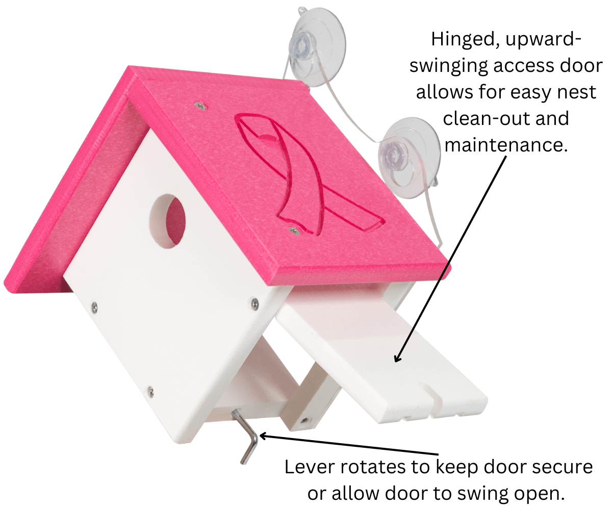 Annie's Breast Cancer Collection birdhouse with pink ribbon, featuring easy access door for maintenance.
