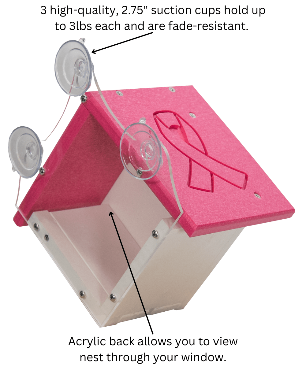 Annie's Breast Cancer Collection pink birdhouse with suction cups and acrylic back for easy viewing.