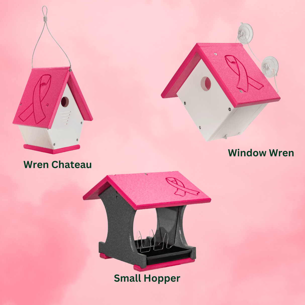 Annie's Breast Cancer Collection: pink birdhouses, Wren Chateau and Small Hopper, promoting breast cancer awareness.